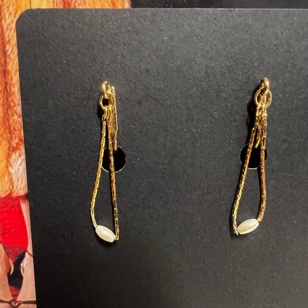 Napier Chain Earrings Gold Tone Dangle with Faux Pearl, Clip On